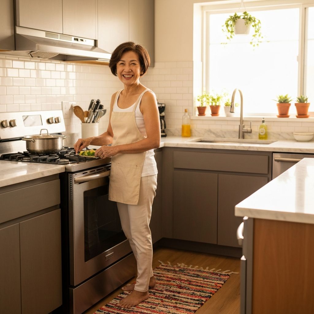 Persona en cocina preparando comida en ambiente hogareño